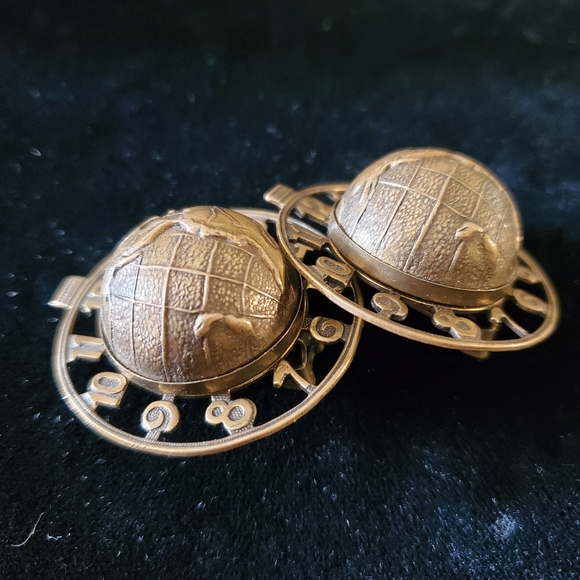 Vintage Brass Globe and Clock Face Clip-on Earrings Steampunk Industrial - Picture 8 of 8